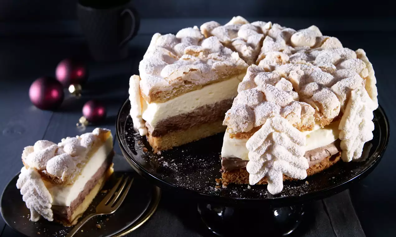 Snježnobijela torta slojevita s tamnosmeđim biskvitom, kremastim punjenjem i šlagom posuta šećerom u prahu na crnoj podlozi