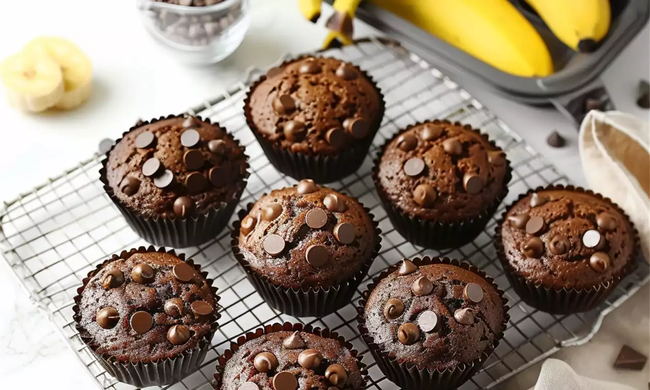 Muffins au chocolat brun foncé moelleux, parsemés de pépites brillantes sur une grille en métal entourée de bananes et de chocolat