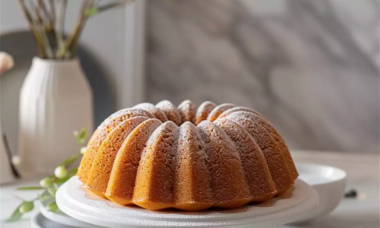 Bundt cake doré aux courbes élégantes, saupoudré de sucre glace, présenté sur un plat blanc au cœur d’une table marbrée raffinée