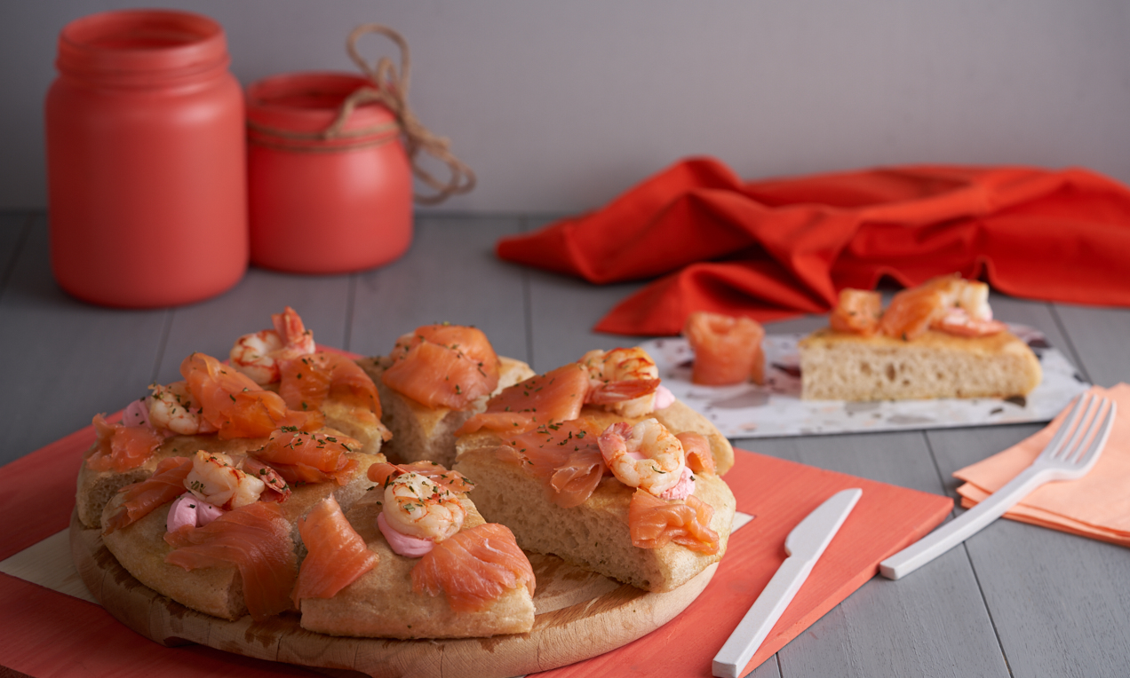 Pizza gourmet salmone e gamberi living coral