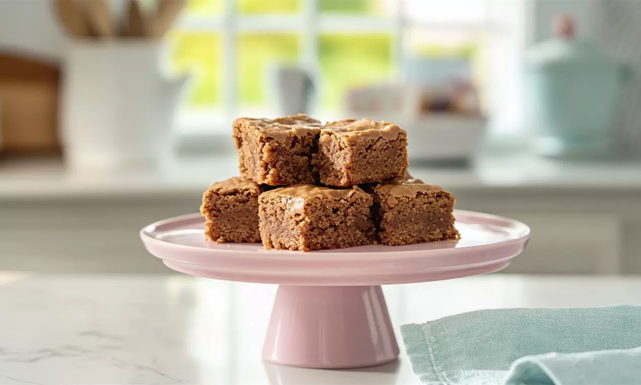 Golden-brown peanut butter blondies with a dense, crumbly texture stacked neatly on a pastel pink cake stand in soft daylight