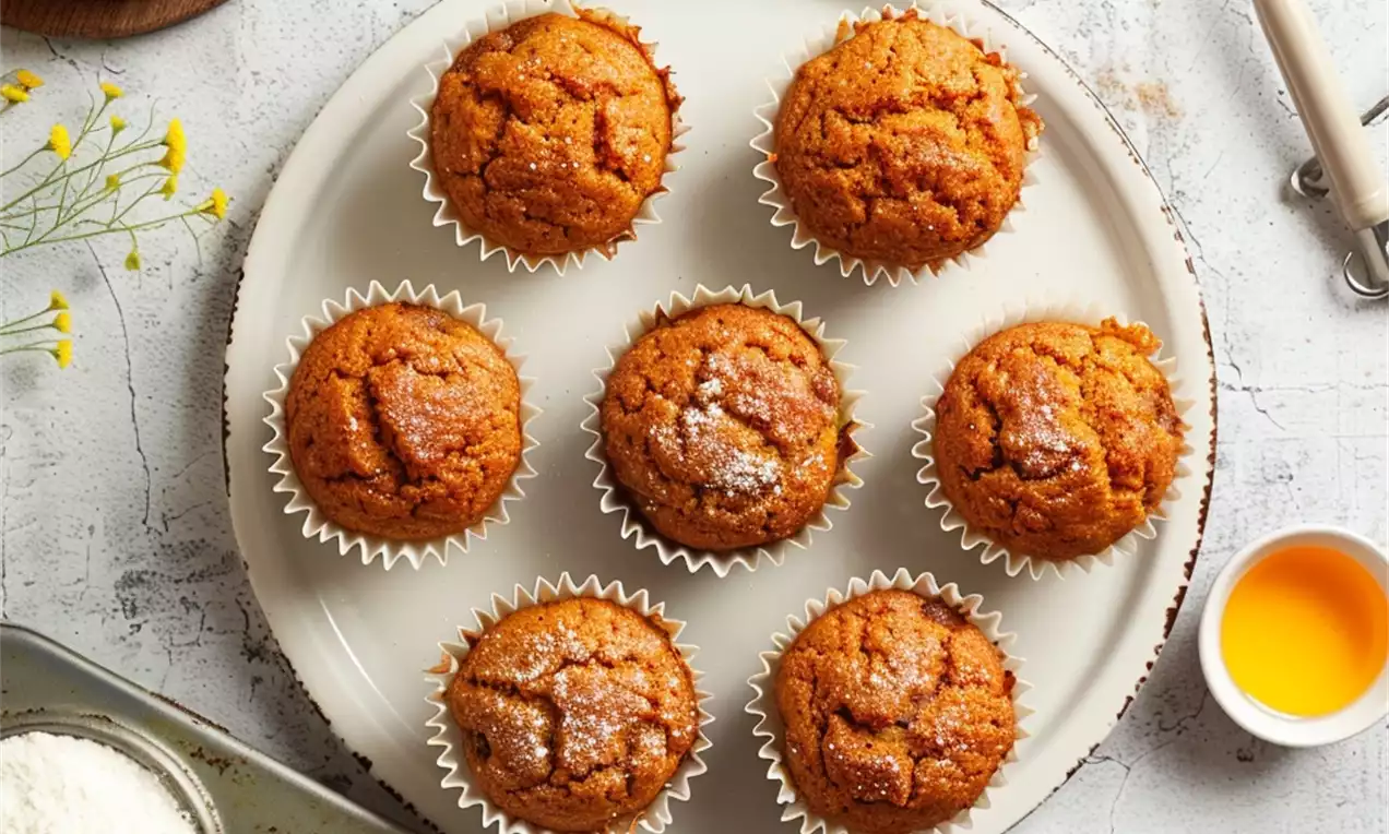 Muffins dorés à la carotte dans des caissettes blanches, légèrement bombés et disposés en cercle sur une assiette blanche