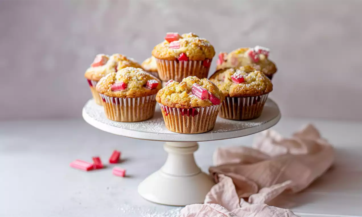 Muffins dorés moelleux et bombés aux morceaux de rhubarbe rose et sucre poudré sur un présentoir blanc avec une étoffe rose délicate