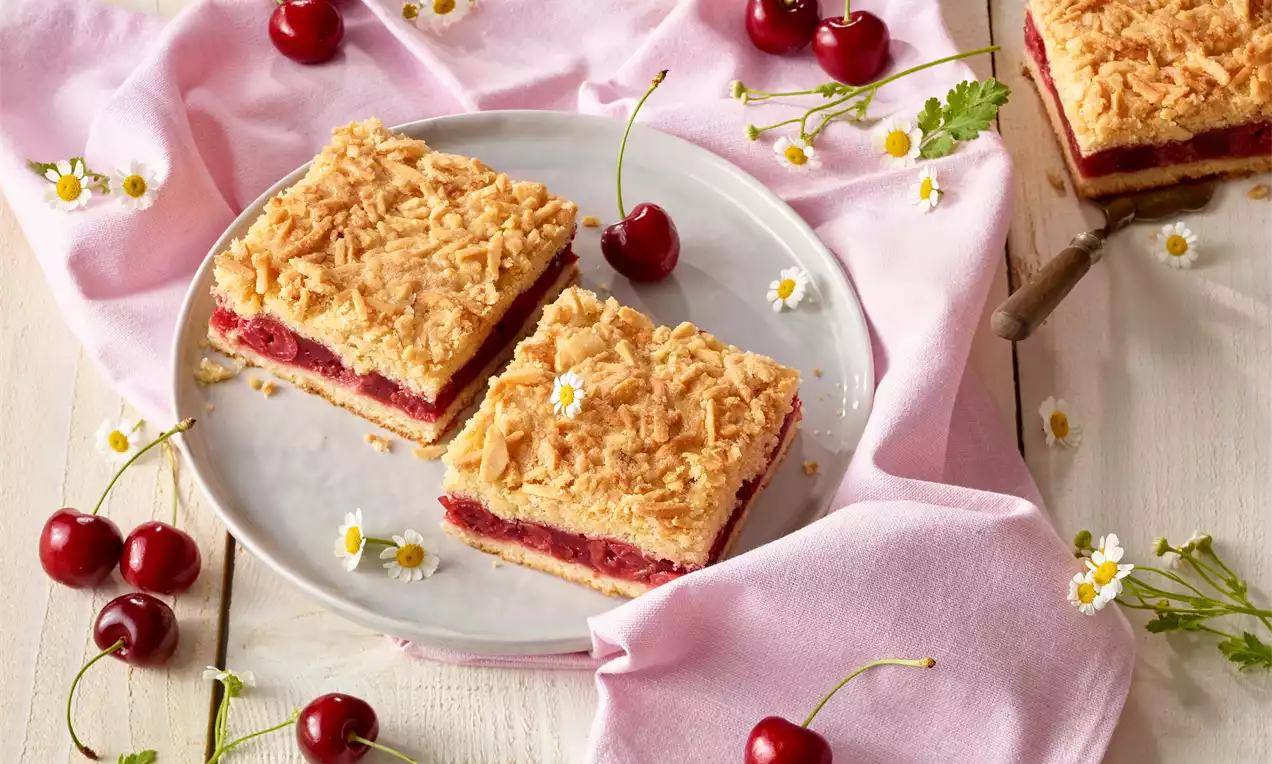 Višňové rezy s chrumkavou zlatistou posýpkou, vložené medzi svetlé cesto a višňovú plnku, na bielom tanieri s čerstvými višňami a kvietkami margarétky