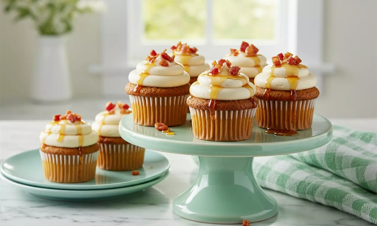 Golden brown muffins topped with smooth swirls of cream, crispy bacon pieces, and glossy maple syrup perched on a pastel green cake stand