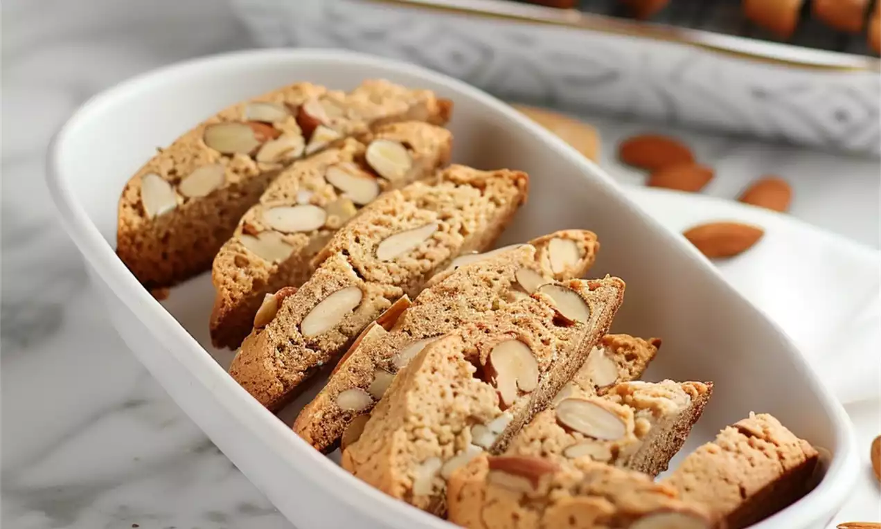 Biscotti dorés parsemés d’amandes entières, disposés en éventail dans un plat blanc sur une table en marbre avec quelques amandes