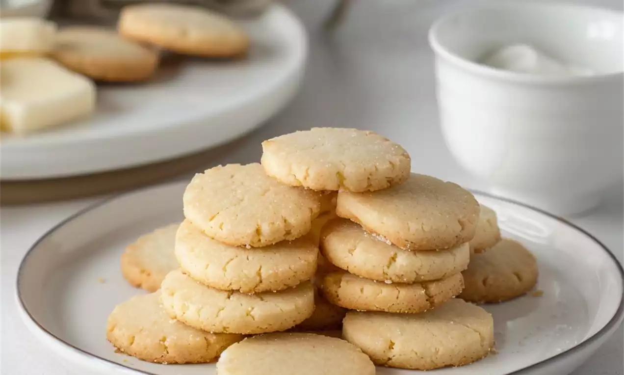 Round shortbread cookies pale golden and slightly crumbly with smooth edges, arranged on a white saucer near blurred items