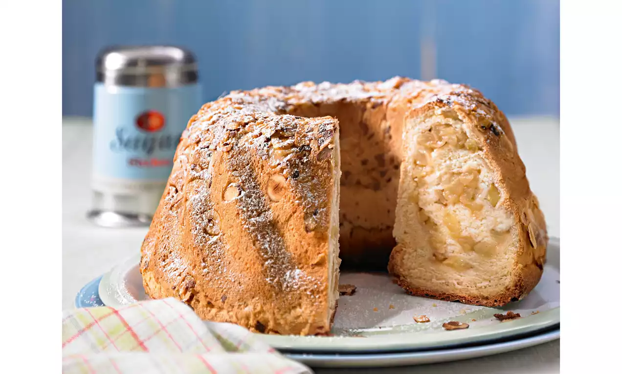 Hermann-Kuchen in goldbraunem Kranz mit Puderzucker bestäubt, auf weißem Teller in Scheiben gelegt, saftige Rosinen sichtbar
