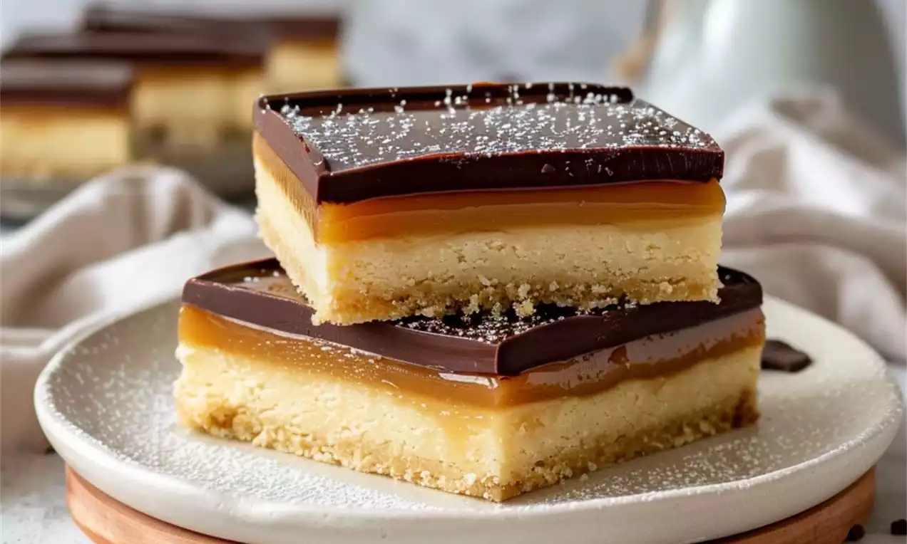 Carrés de sablé doré surmontés de caramel ambré et d'une couche de chocolat noir brillant, saupoudrés de sucre glace sur une assiette blanche