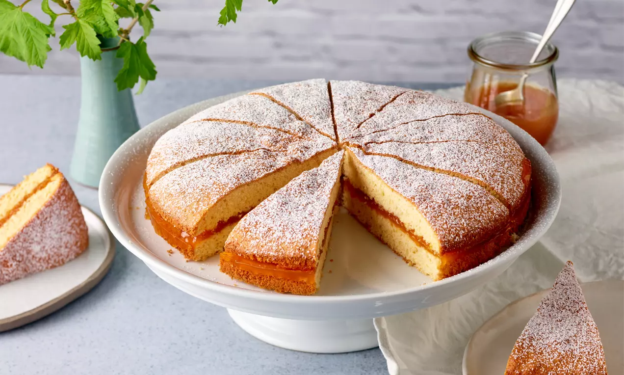 Goldbraune runde Haustorte mit heller Füllung und weißem Puderzucker bestäubt, auf weißer Tortenplatte mit einzelnen Kuchenstücken daneben