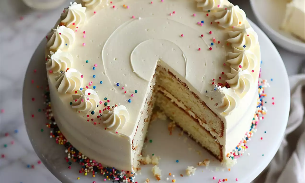 Vanilla cake with creamy white frosting, swirls along the edges, colorful sprinkles, and one slice missing on a marble cake stand