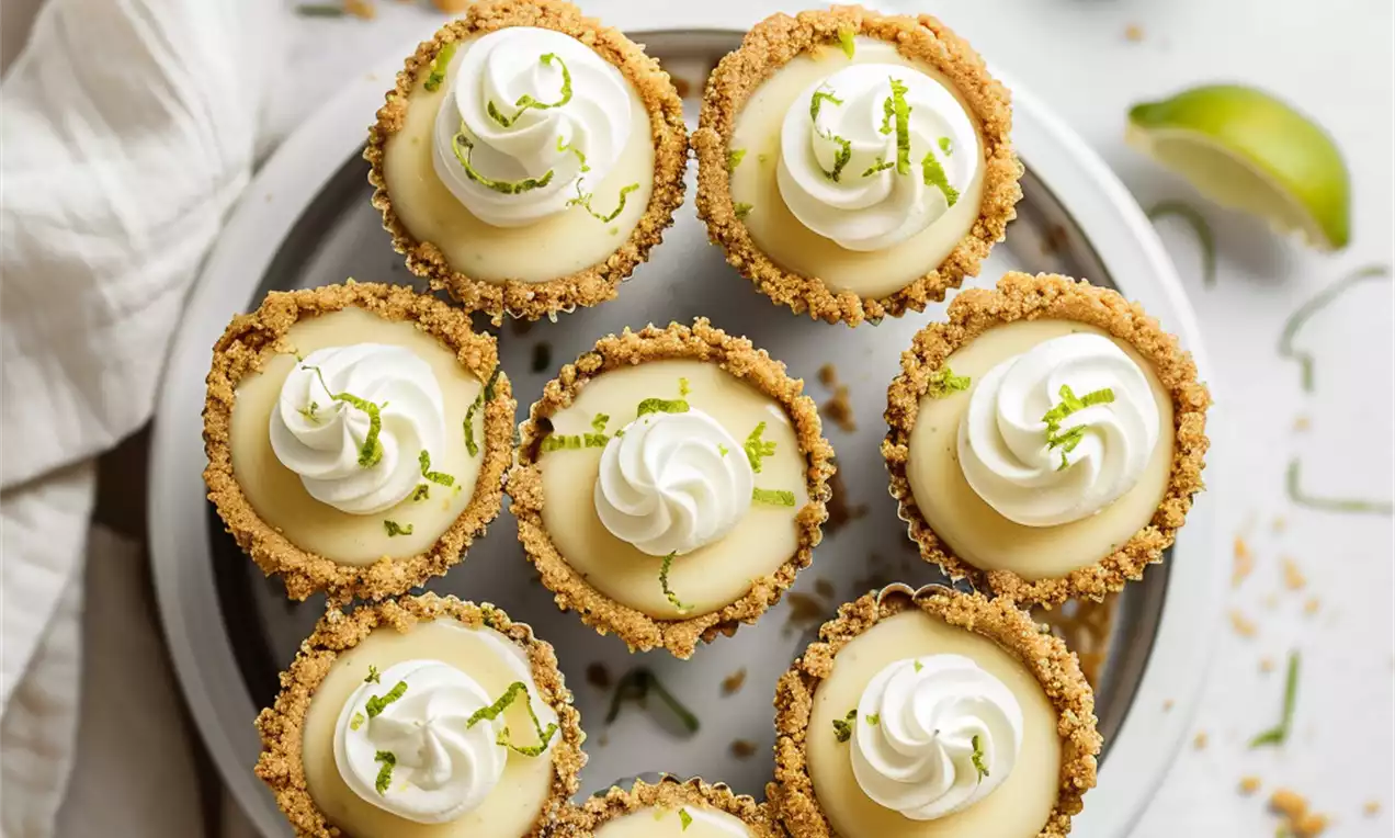 Tartelettes au citron vert aux bords croustillants dorés, garnies de crème blanche tourbillonnée et de zestes verts sur un plateau blanc