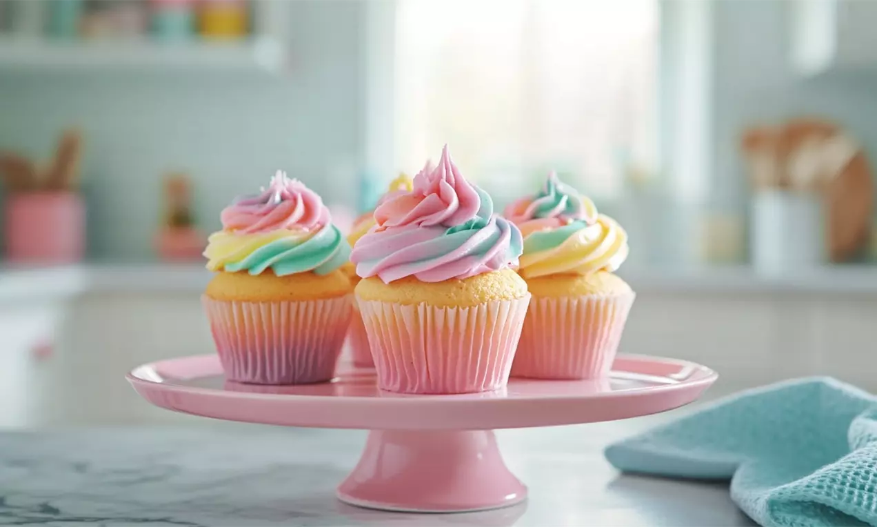 Pastel rainbow cupcakes with swirls of pink, yellow, purple, and blue frosting on a pink cake stand in a softly lit kitchen