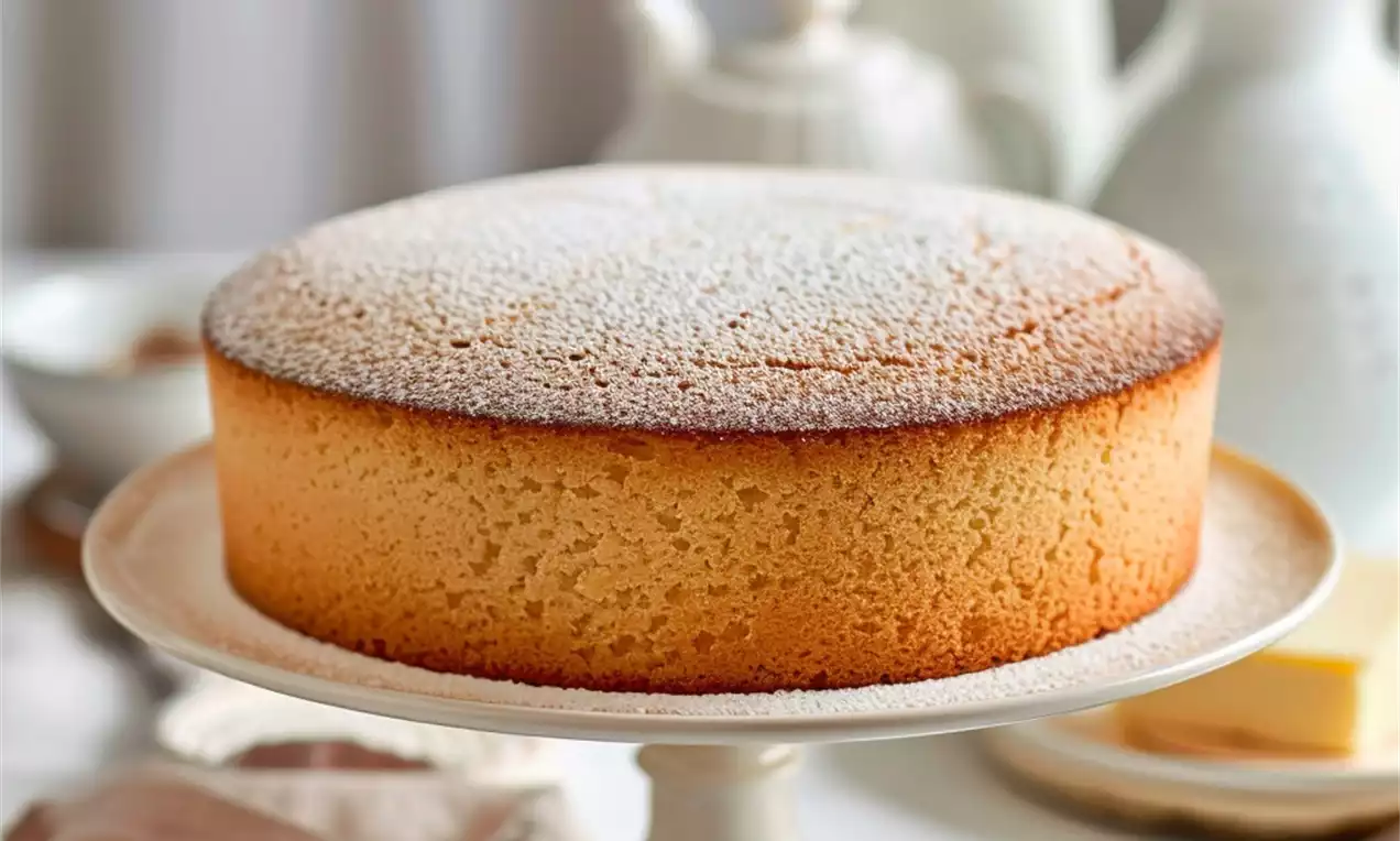 Golden round sponge cake with a lightly domed top dusted with fine powdered sugar on a white pedestal cake stand