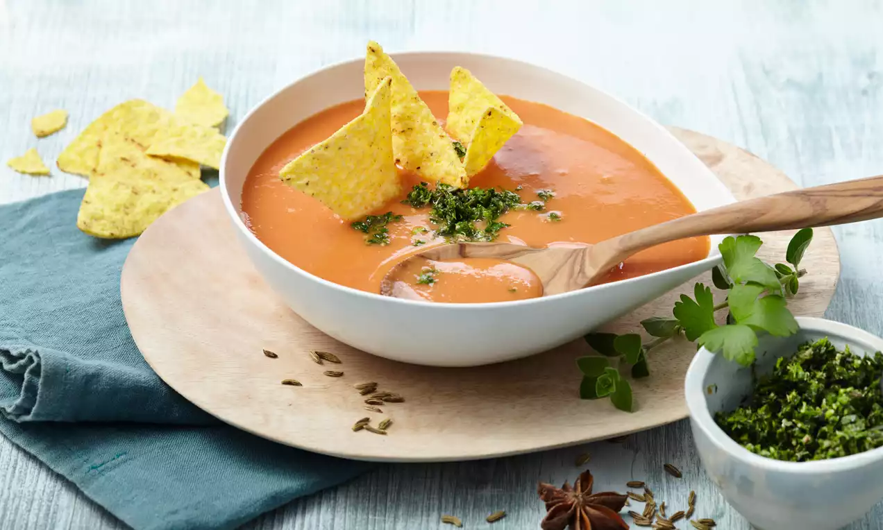 Orange-cremige Suppe in einer weißen Schale, garniert mit grünen Kräutern und gelben Tortilla-Chips, auf Holzbrett mit frischem Fenchel und Sternanis