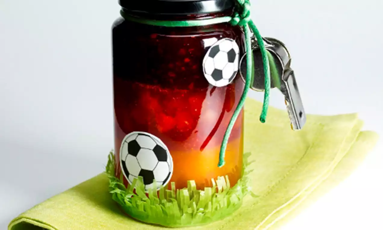 Glas mit dunkelroter Konfitüre und orangefarbenem Farbverlauf, verziert mit Fußballstickern und grünem Band auf grünem Stoff drapiert