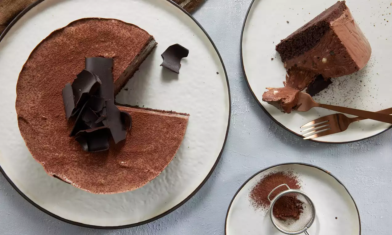 Kakaolu pandispanya katmanları arasına yoğun çikolatalı supangle dolgulu, üzeri kakao serpilmiş ve kıvrımlı çikolata parçalarıyla süslenmiş pasta