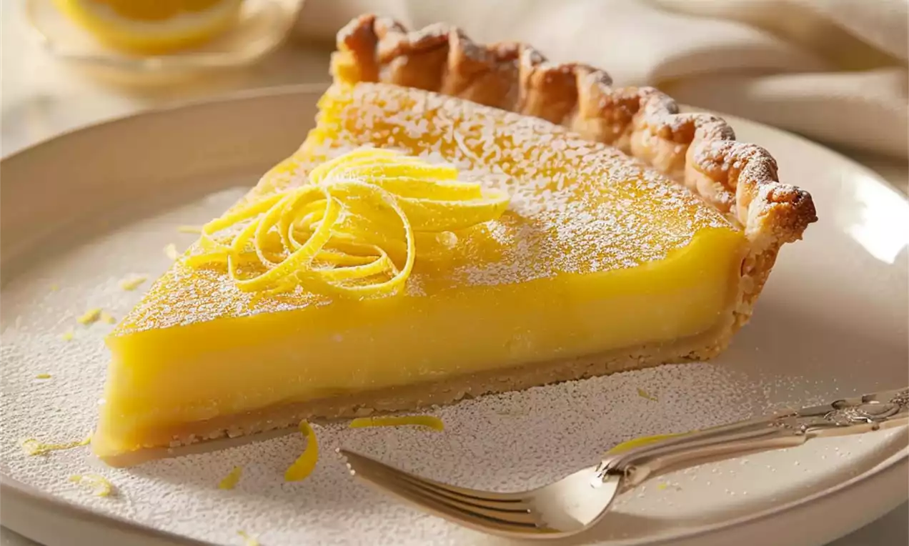 Golden lemon tart slice with a wavy crimped crust, smooth yellow filling, powdered sugar, yellow zest curls, fork, and a halved lemon