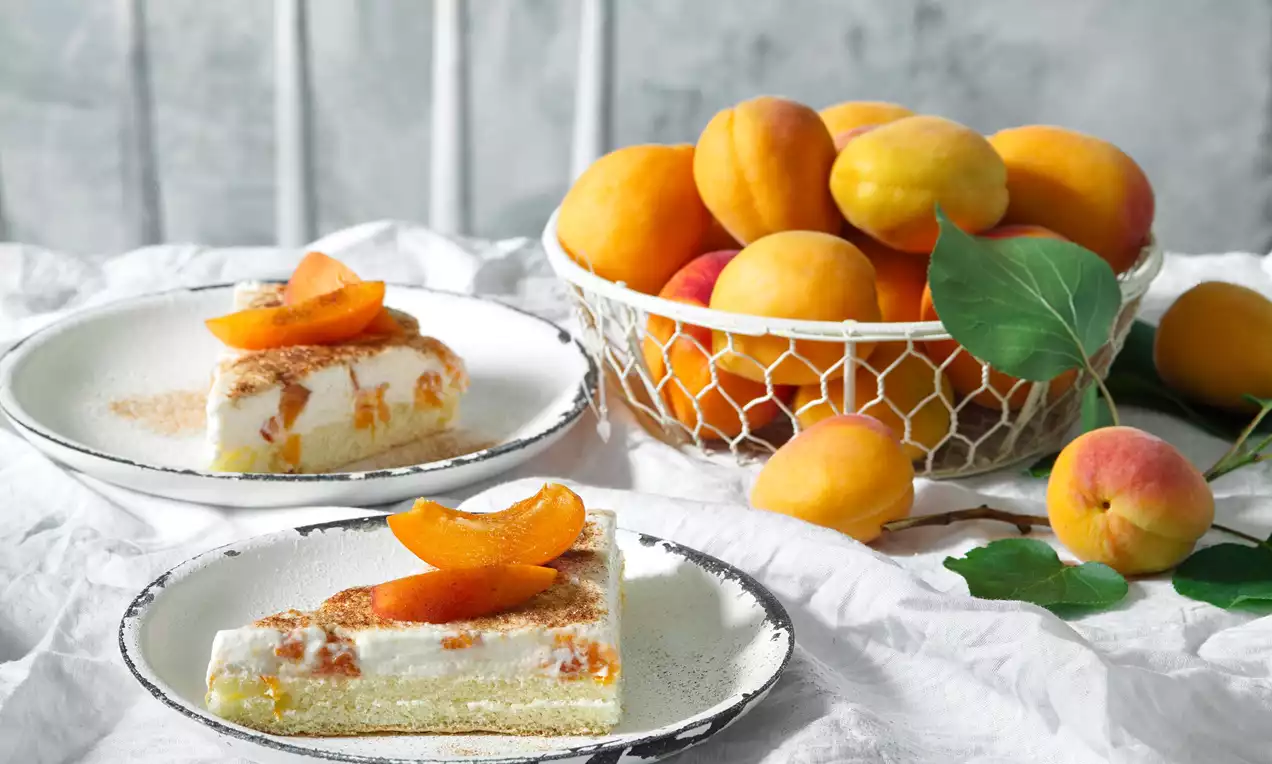 Meruňkové trojuholníčky so smotanovou vrstvou na svetlom piškótovom základe, ozdobené plátkom meruňky na bielom tanieri vedľa koša s ovocím