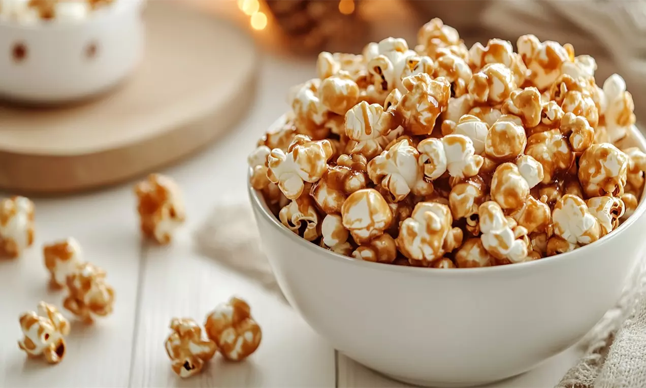 Pipocas douradas com cobertura brilhante de caramelo, superfície crocante e textura aerada, servidas em uma tigela branca sobre mesa clara