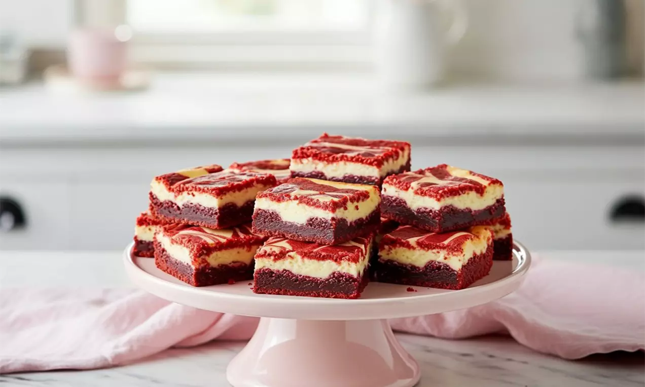 Četvrtasti brownies bogate crvene boje s kremastim bijelo-žutim slojem i mramornim uzorkom, posloženi na pastelno ružičastoj tacni