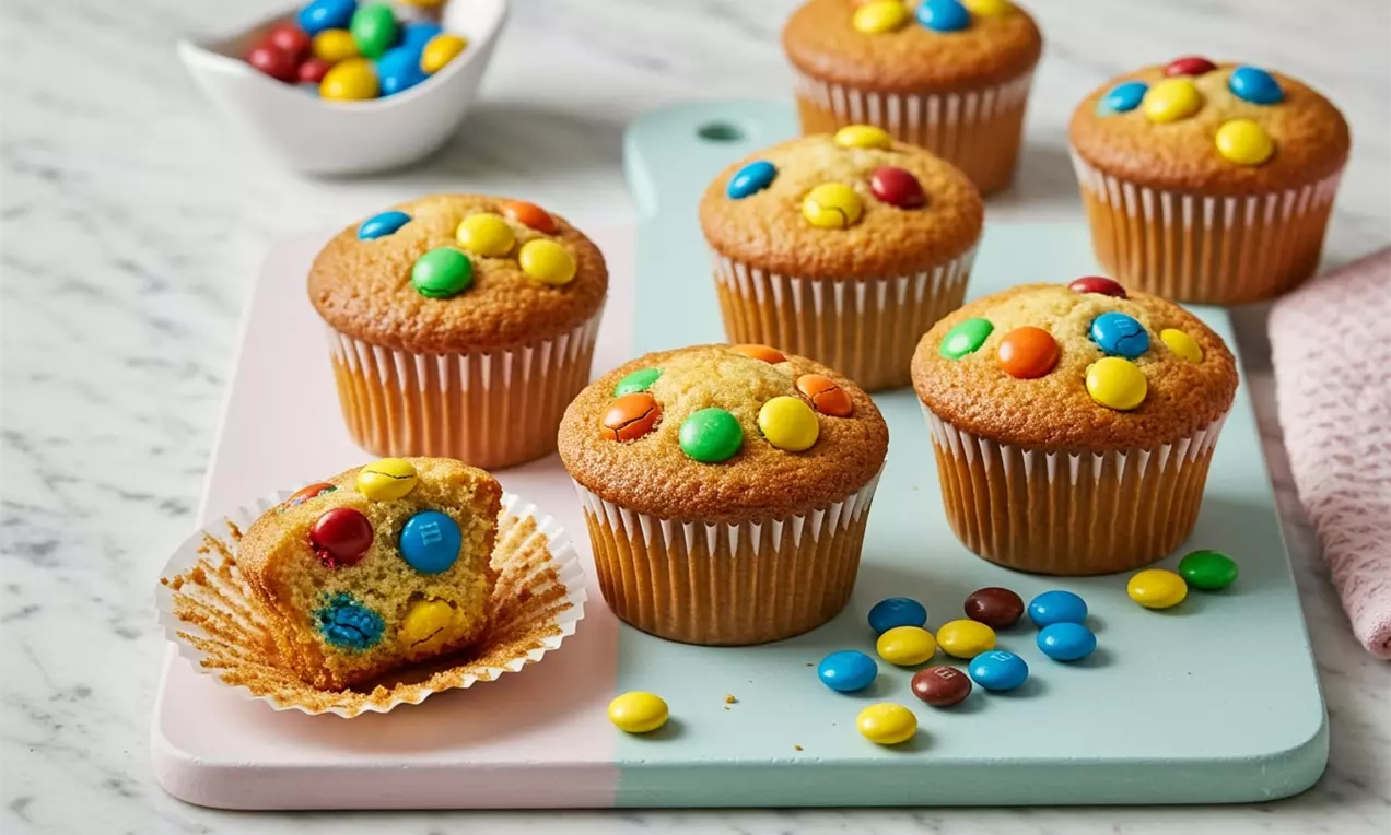 Golden flourless muffins topped with colorful round candy pieces, arranged on a pastel cutting board next to scattered candies