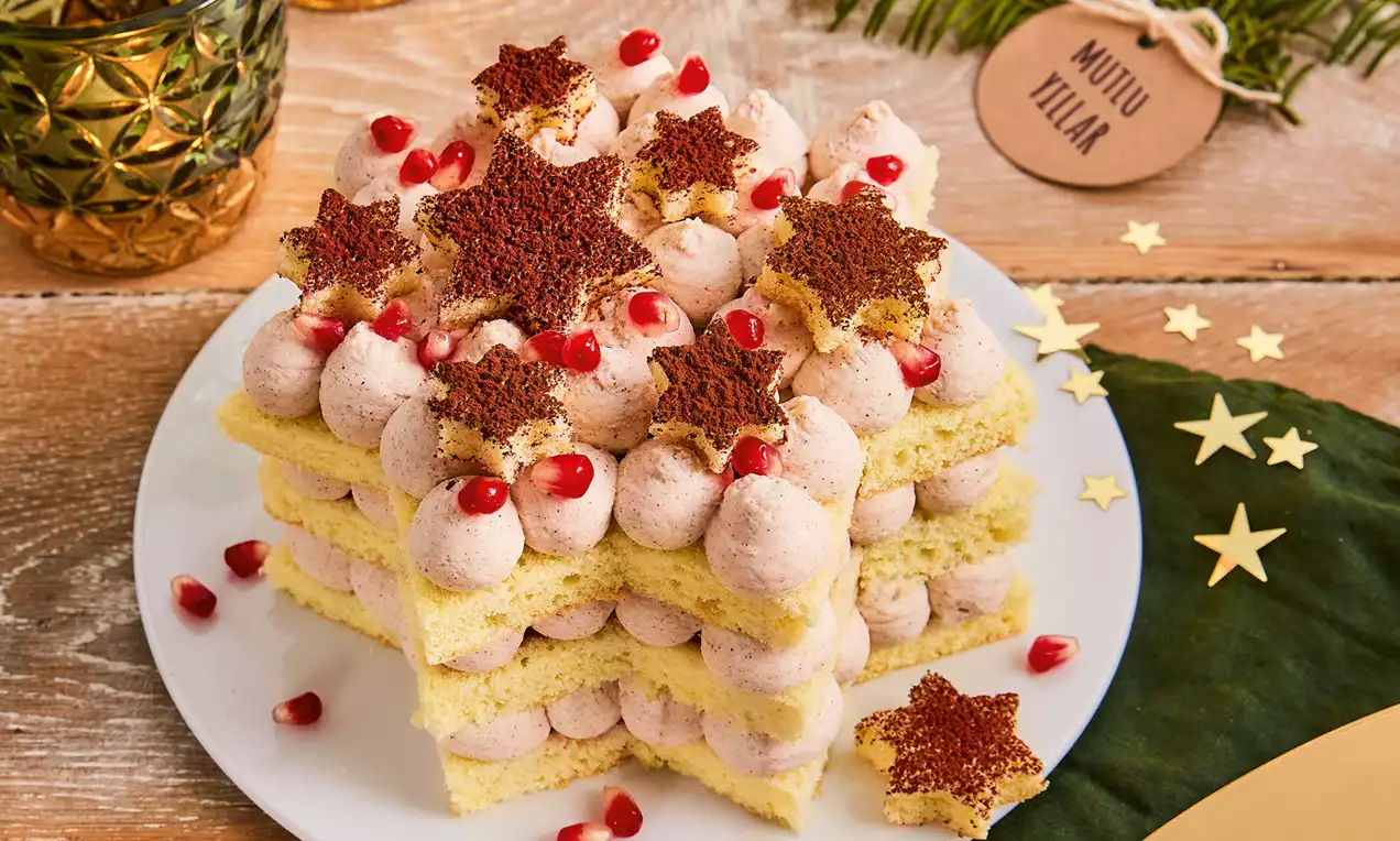 Yumuşak vanilyalı kek katmanları arasına krem dolgusuyla yapılan yıldız şekilli kakao serpilmiş süsler ve nar taneleriyle dekore edilmiş.