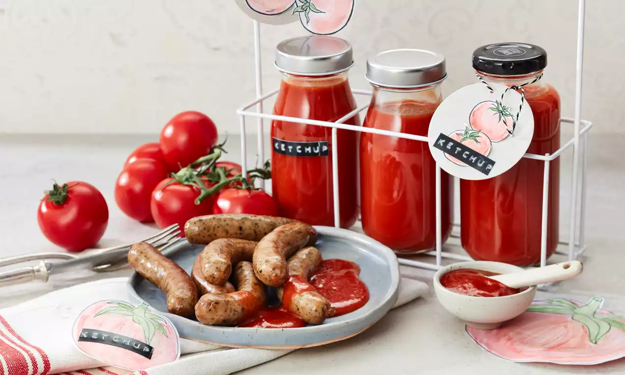 Bratwürste mit dunklen Grillspuren auf grauem Teller, serviert mit leuchtend rotem Ketchup neben frischen Tomaten und gefüllten Glasflaschen