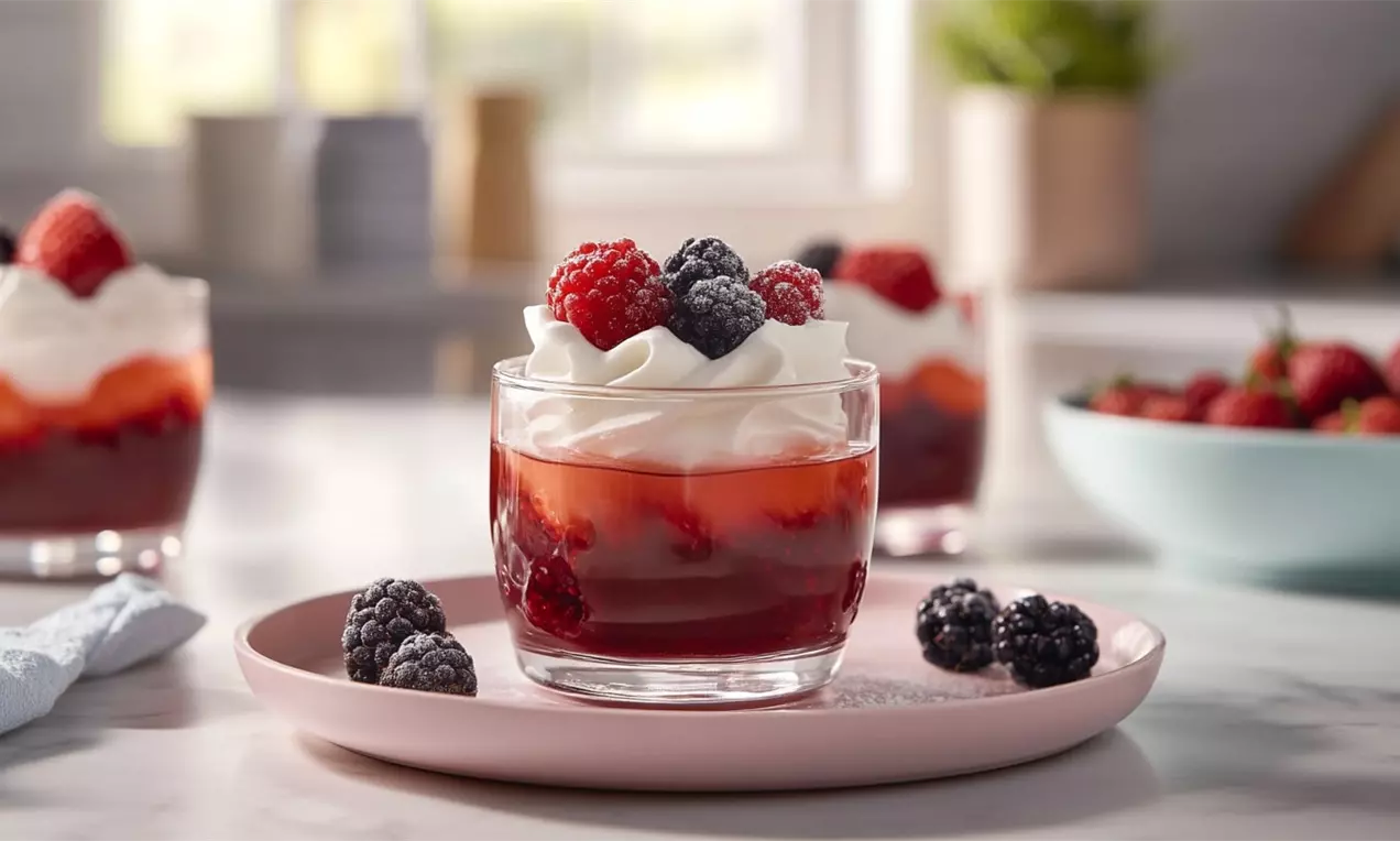 Layered summer fruit jelly in a glass with bright red and dark berries, topped with silky white whipped cream on a pink plate