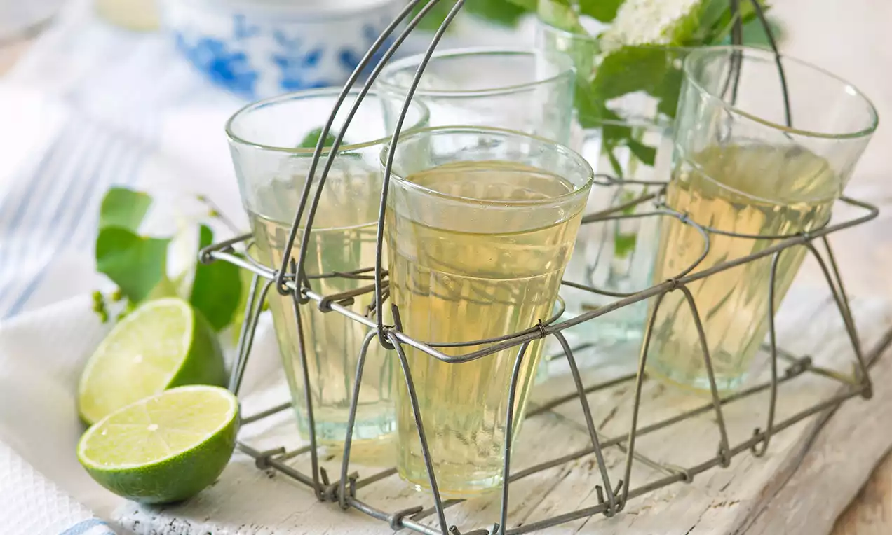 Sklenice s průhledným zlatavým nápojem v kovovém nosiči, doplněné limetkami a zelenými lístky na dřevěném podkladu