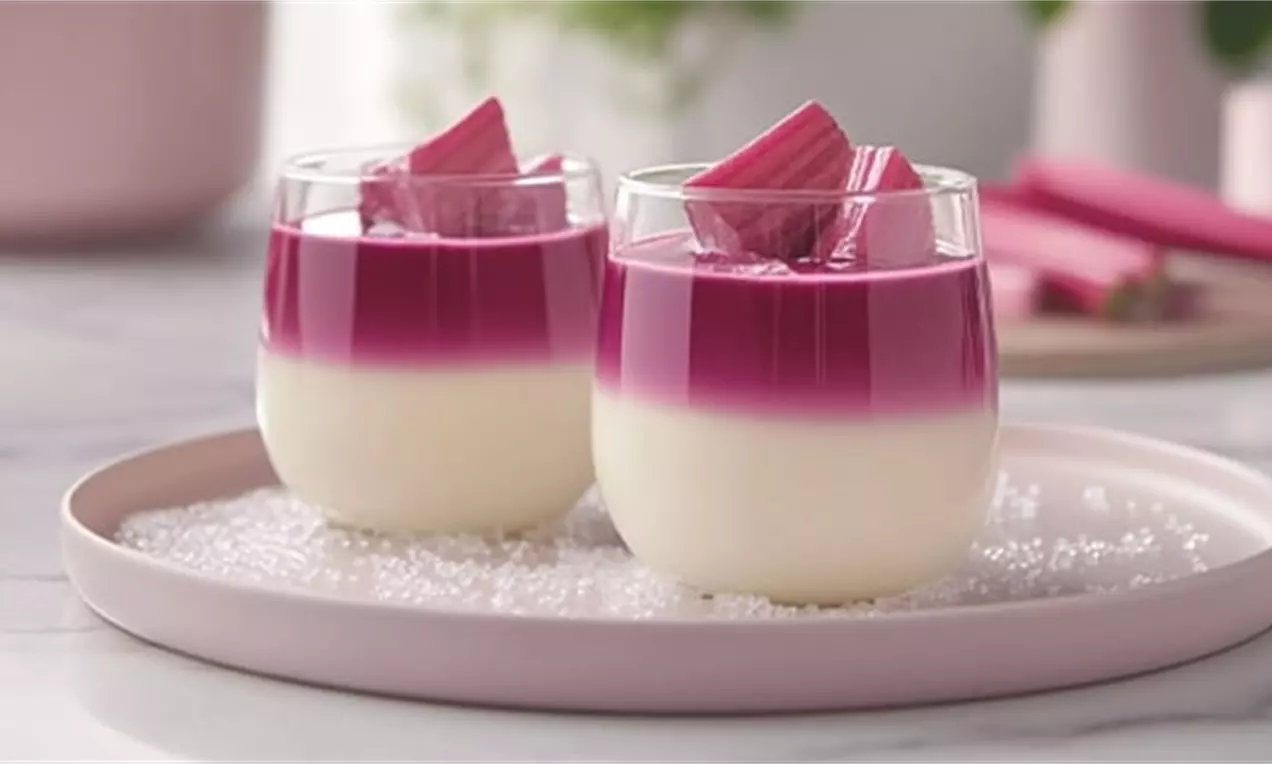 Rhubarb panna cotta in clear glasses with creamy white bases, vibrant pink tops, and garnished with glossy rhubarb shards on a pink plate