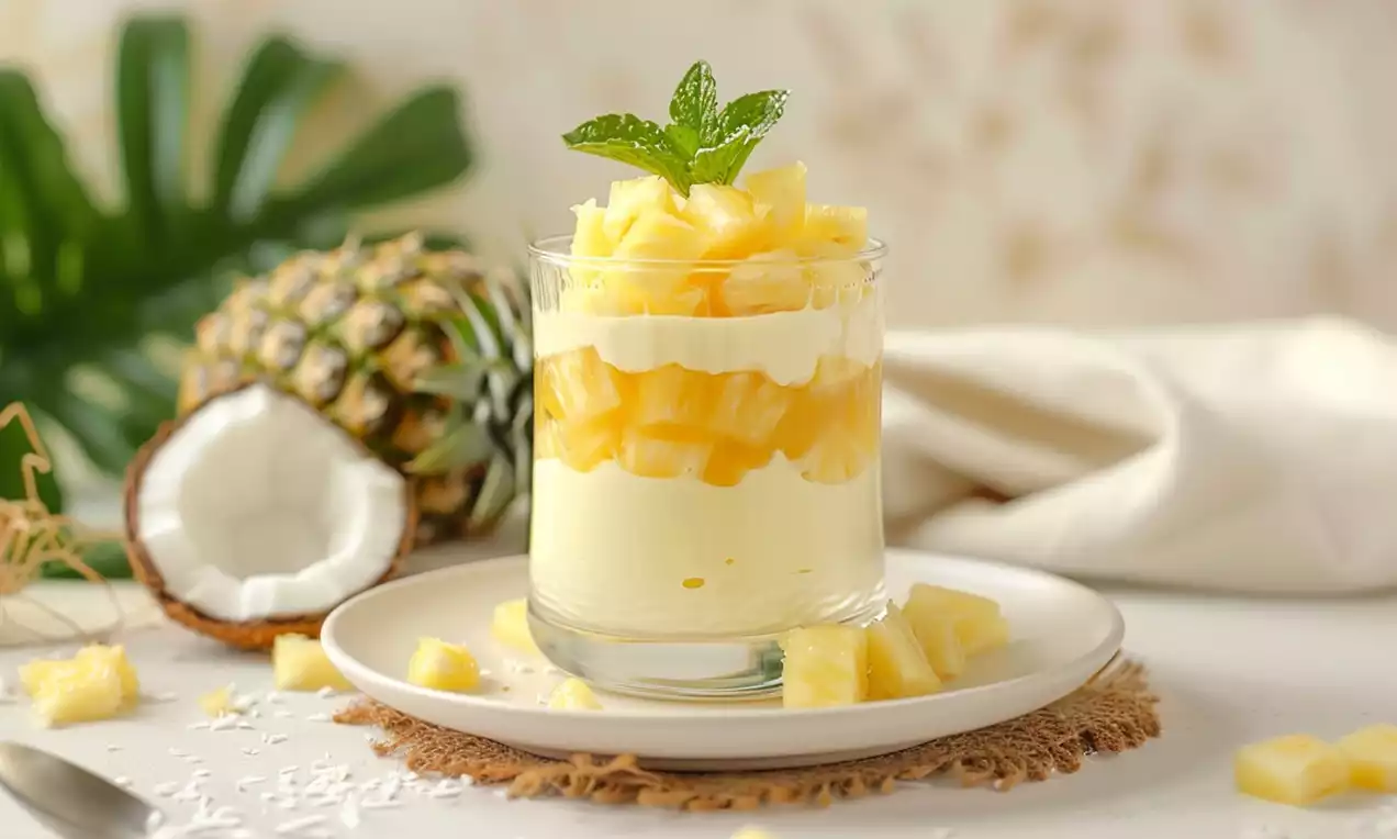 Gelatina de abacaxi com coco em taça transparente, camadas amarelas e brancas, decorada com lascas de coco e folhas verdes