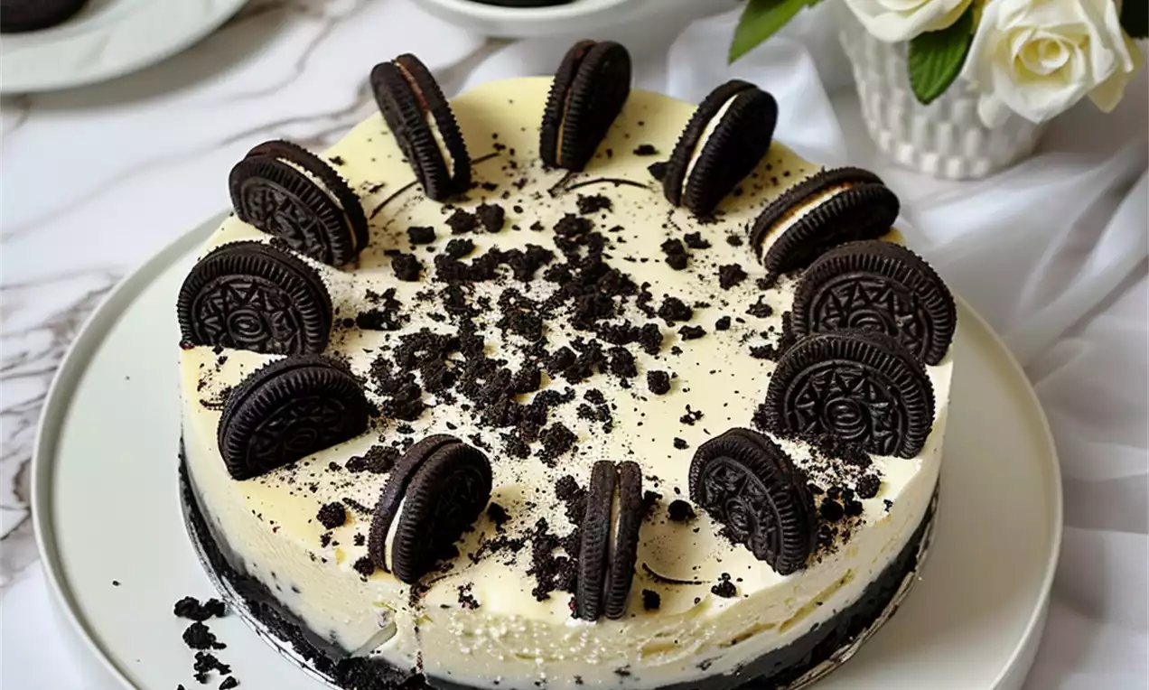 Cheesecake crémeux sur une base de biscuit Oreo, garni de moitiés d'Oreo disposées en cercle et parsemé d'éclats de biscuit