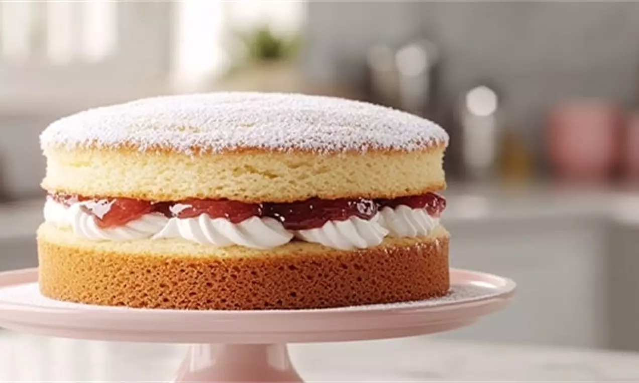 Golden Victoria sponge cake with two layers filled with white whipped cream and glossy red jam, topped with icing sugar on a pink stand
