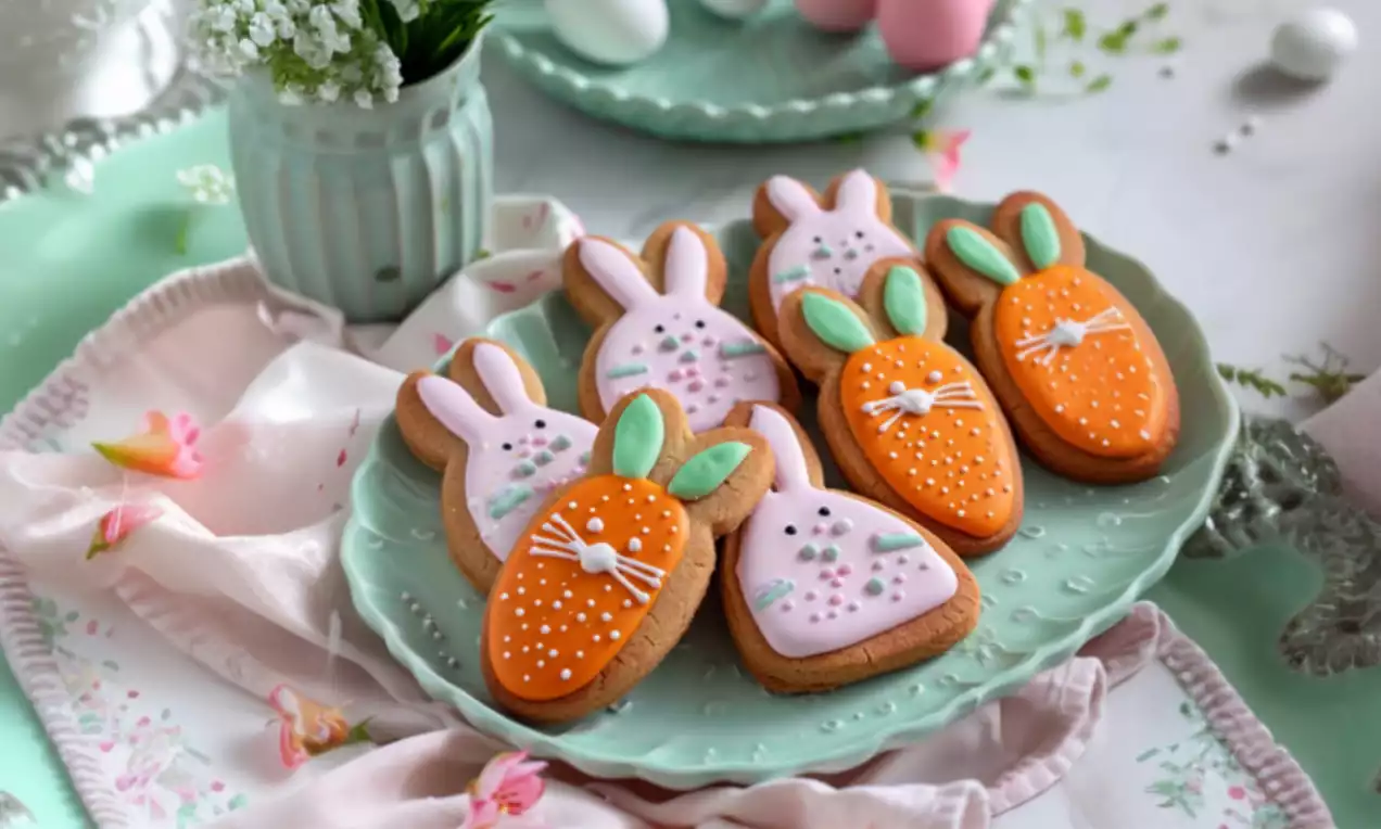 Bunte Osterkekse in Form von orangefarbenen Karotten und rosa Hasen auf einem mintgrünen Teller, dekoriert mit Glasur und grünen Details