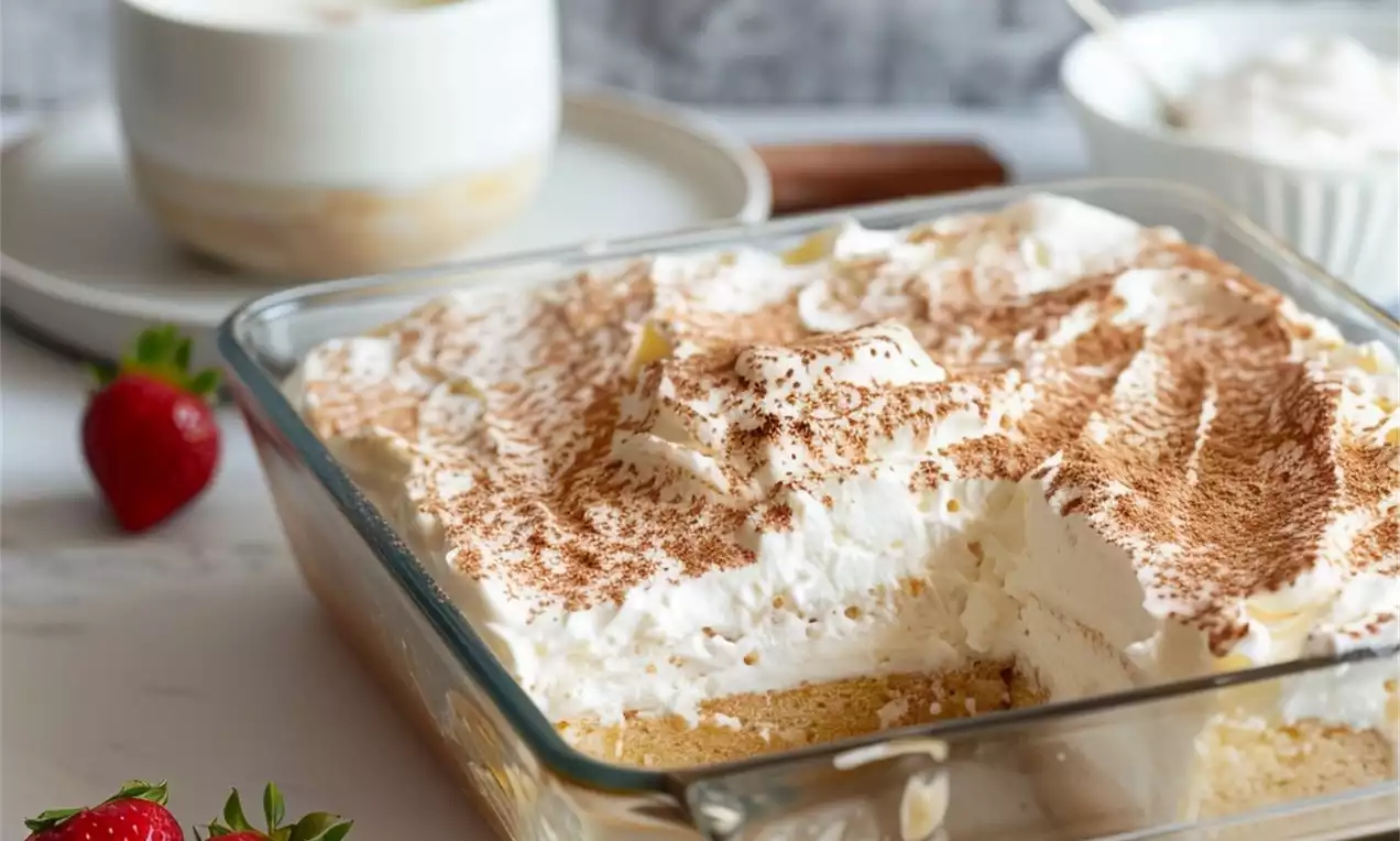 Gâteau moelleux imbibé de lait, recouvert d'une couche aérienne de crème fouettée parsemée de cacao dans un plat transparent avec des fraises rouges à côté