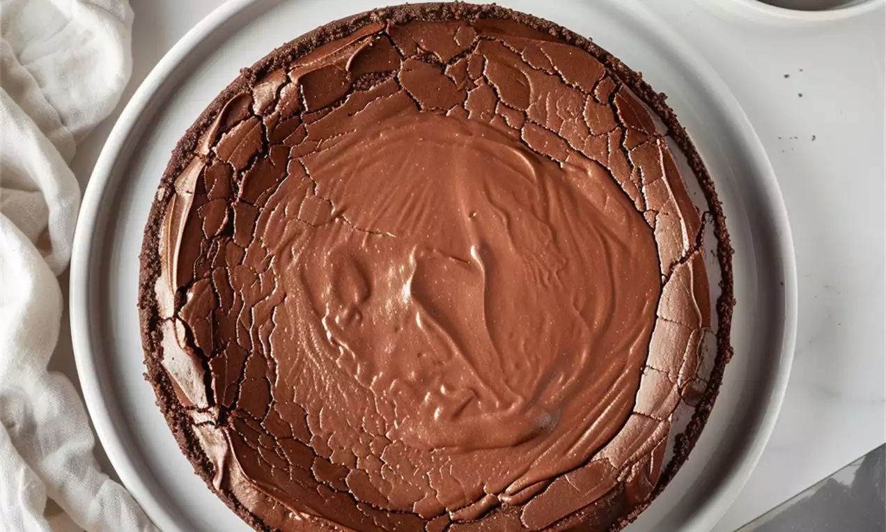 Cheesecake au chocolat brun foncé avec une surface légèrement craquelée et une texture brillante sur une assiette blanche entourée de carrés et poudre de chocolat