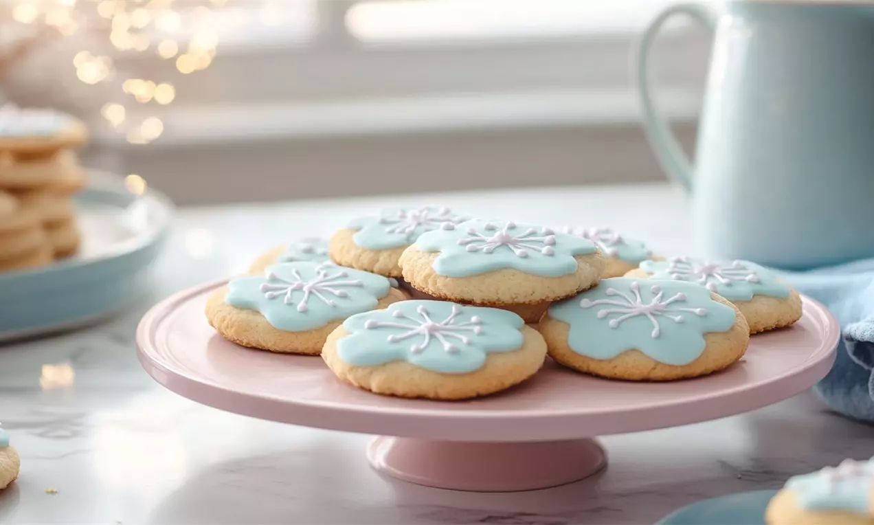 Pale blue flower-shaped biscuits with soft icing and delicate white snowflake designs on a pink cake stand in soft natural lighting