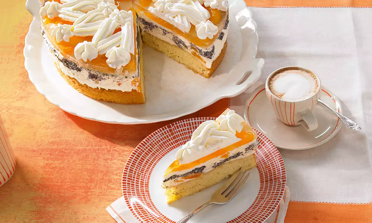 Mohn-Mandarinen-Torte mit zarten Sahnetupfen, intensiv gelber Fruchtschicht und dunklen Mohnstreifen auf einem weißen Porzellanteller