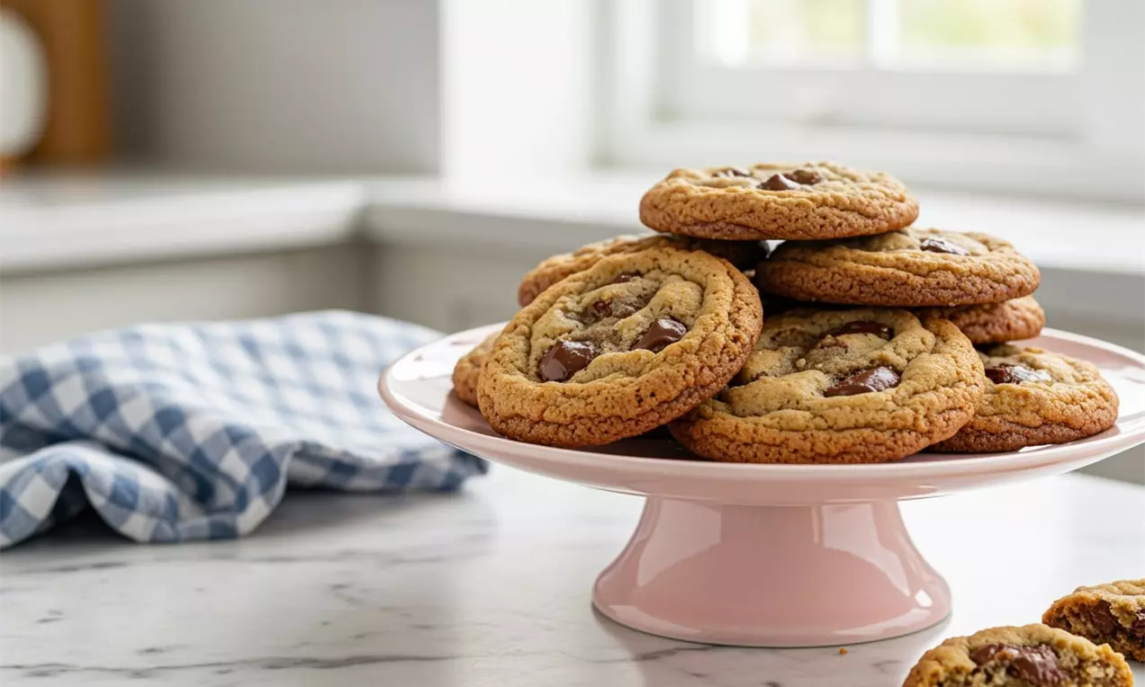 Golden-brown cookies with cracked tops and melted chocolate chunks stacked on a pale pink cake stand on a marble counter