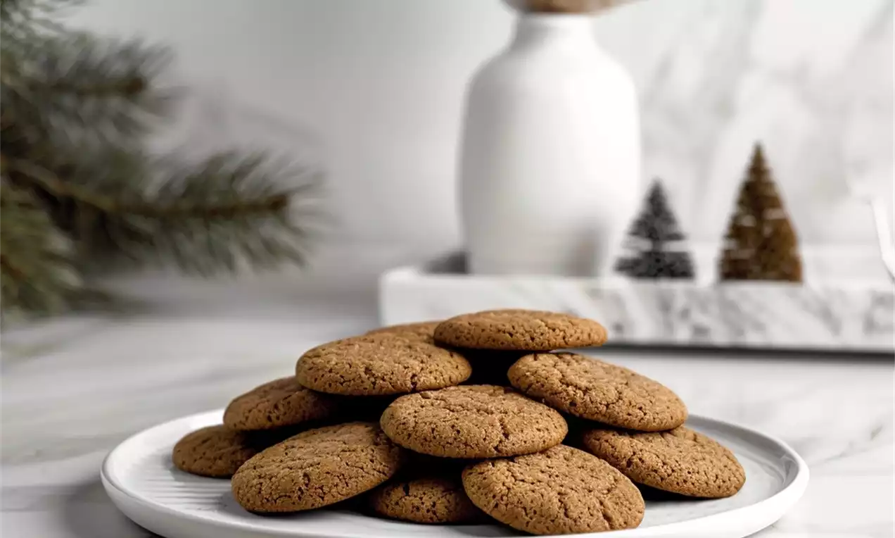 Cookies à la mélasse brun doré, ronds et légèrement craquelés, disposés en pile sur une assiette blanche avec des décorations hivernales
