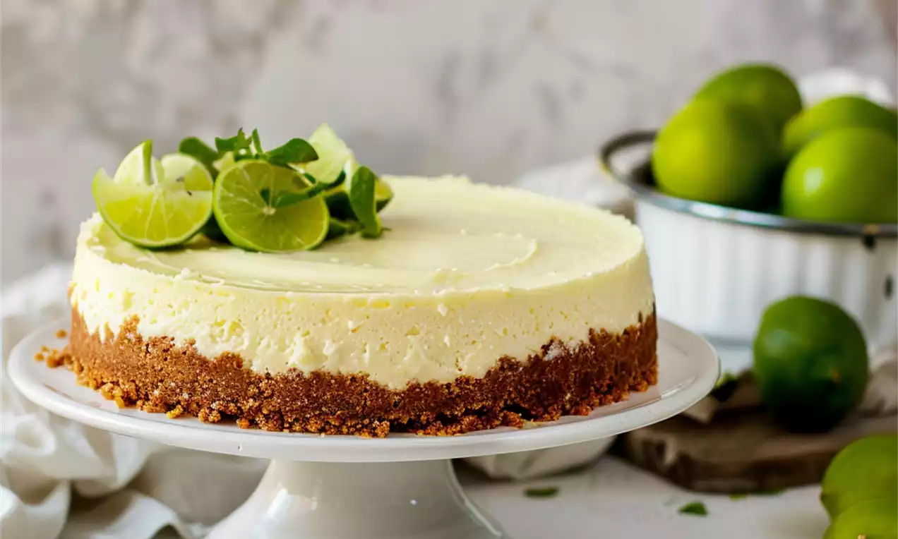 Cheesecake Key Lime crémeux sur une base biscuitée dorée, garni de tranches de citron vert frais et de feuilles brillantes sur un plat blanc