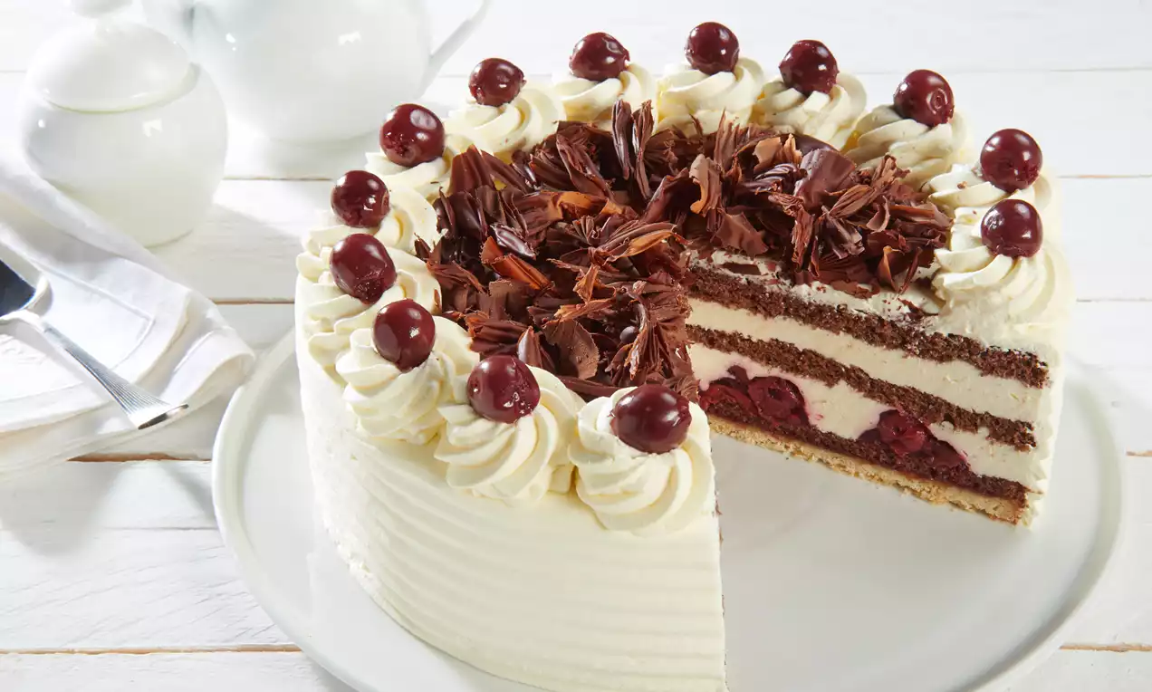 Schwarzwälder Kirschtorte mit hellem Boden, Schichten aus Sahne, Kirschen und dunklem Biskuit, garniert mit Sahnetupfen, Kirschen und Schokospänen