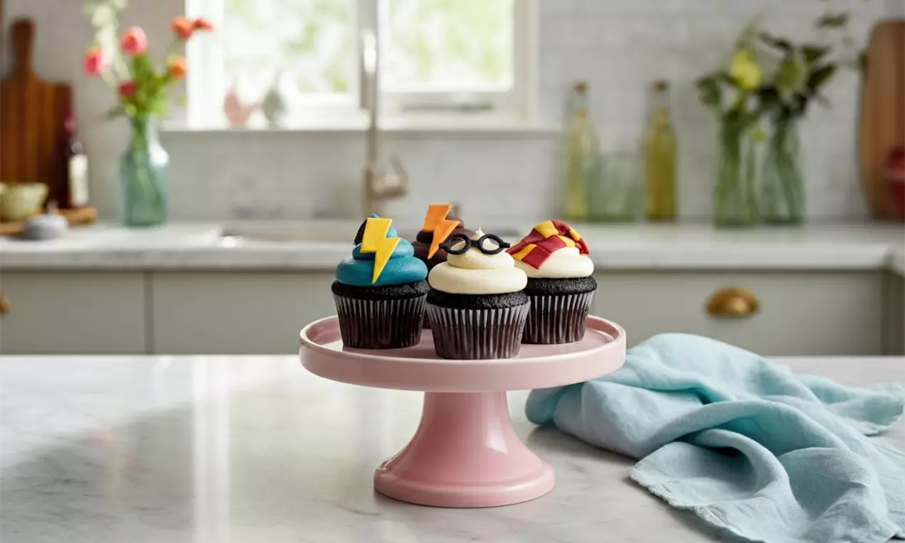 Chocolate cupcakes with smooth frosting in blue, white, and red, topped with fondant lightning bolts, glasses, and scarves on a pink stand