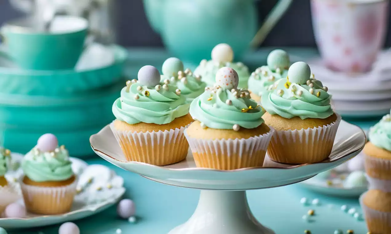 Vanillefarbene Cupcakes mit mintgrüner Cremehaube, dekoriert mit pastellfarbenen Zuckereiern und Perlen auf einer weißen Tortenplatte