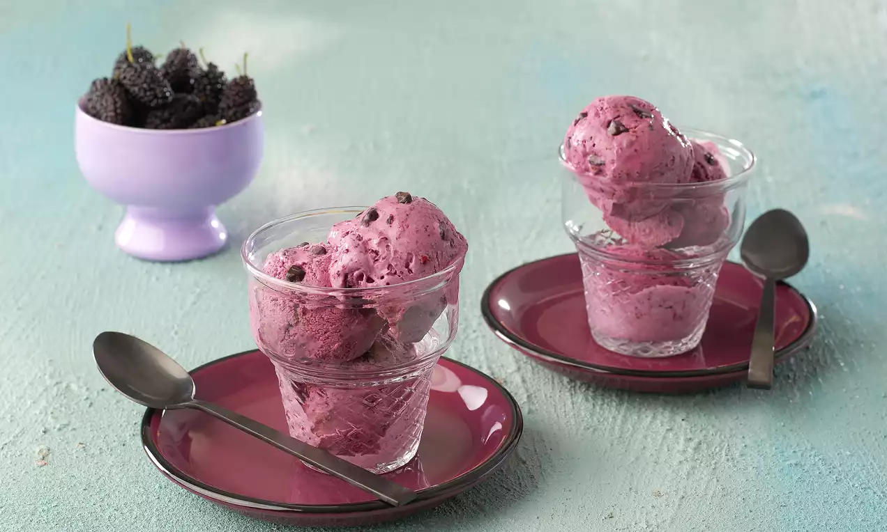 Karadutlu dondurma mor kaplarda iki cam bardakta sunulmuş, yanında kaşıklar ve arka planda bir kase karadutlu dekor