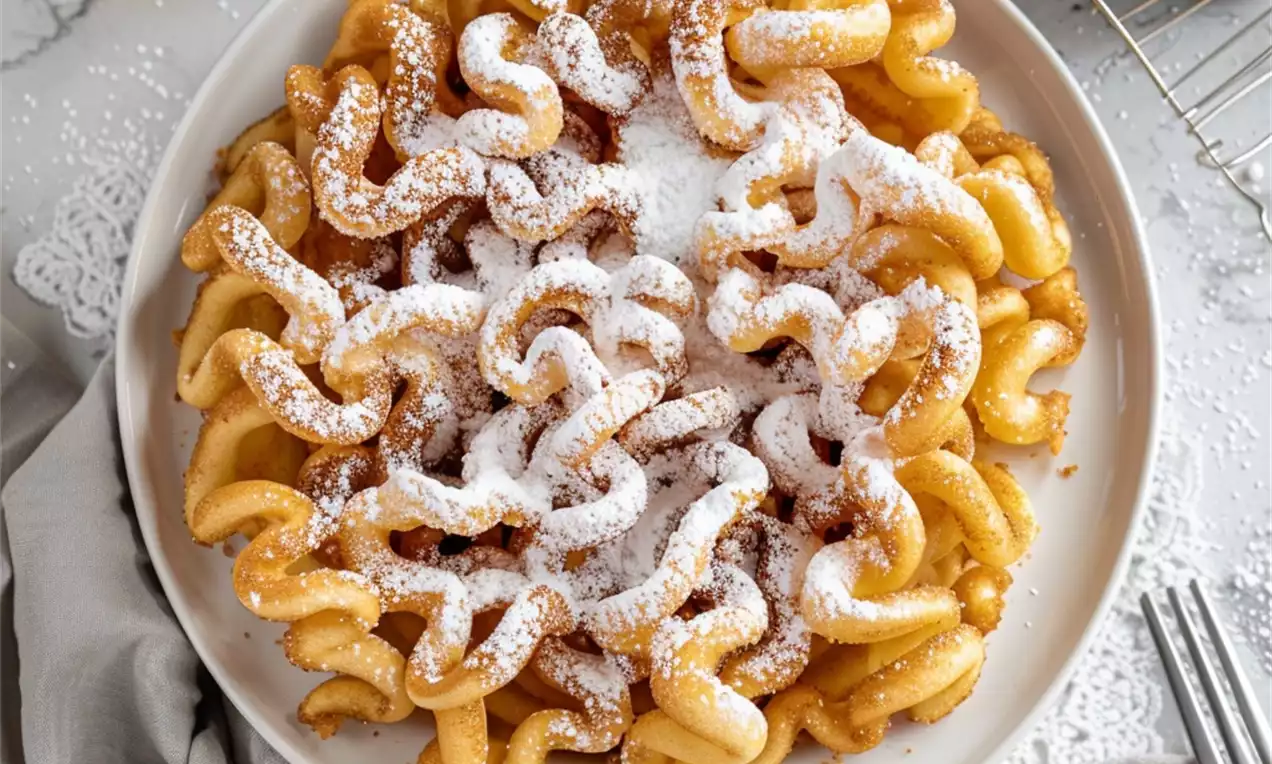 Funnel cake doré aux arabesques croustillantes saupoudré de sucre glace blanc sur une assiette entourée d'œufs et de linge gris