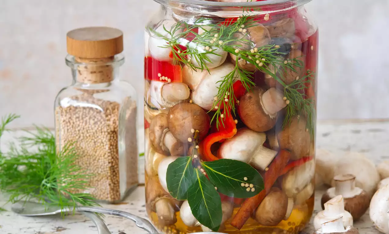 Celoskleněná zavařovací nádoba plná hnědých žampionů, červených paprikových proužků, kopru a hořčičných semínek v průsvitném nálevu