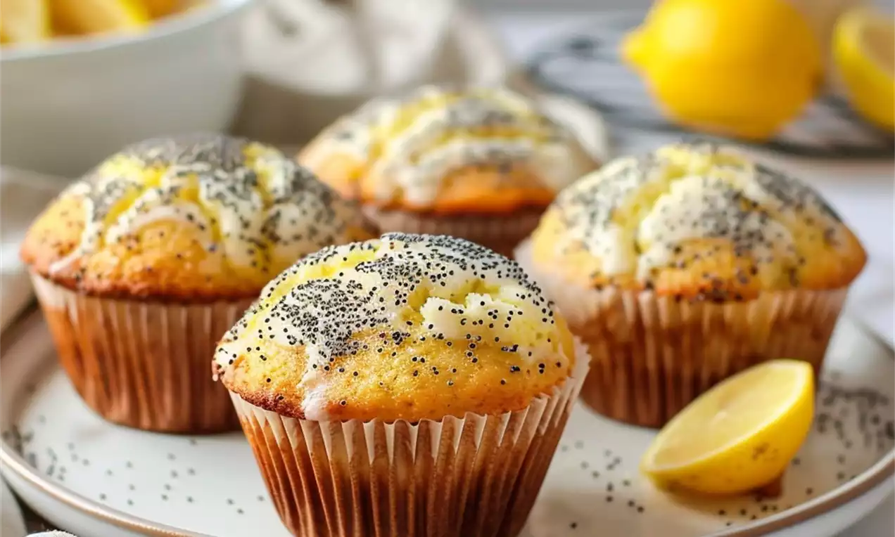 Muffins dorés au citron saupoudrés de graines de pavot noirs, disposés sur une assiette blanche avec citrons frais et linge beige