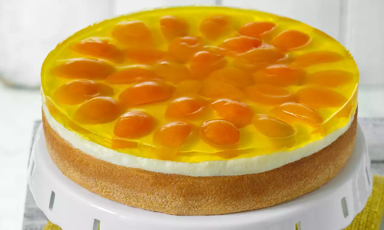 Koláč s okrúhlym tvarom zlatistého cesta, bielej krémovej vrstvy a vrstvou priesvitného želé s jasne oranžovými polkami marhúľ